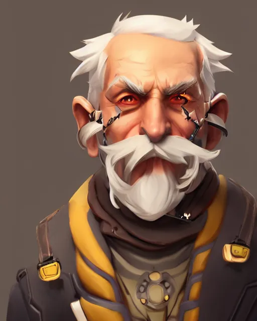 Image similar to overwatch concept art character portrait of a new character who is an elderly man with a scarred face and long mustache and eyepatch, trending on artstation, cgsociety,