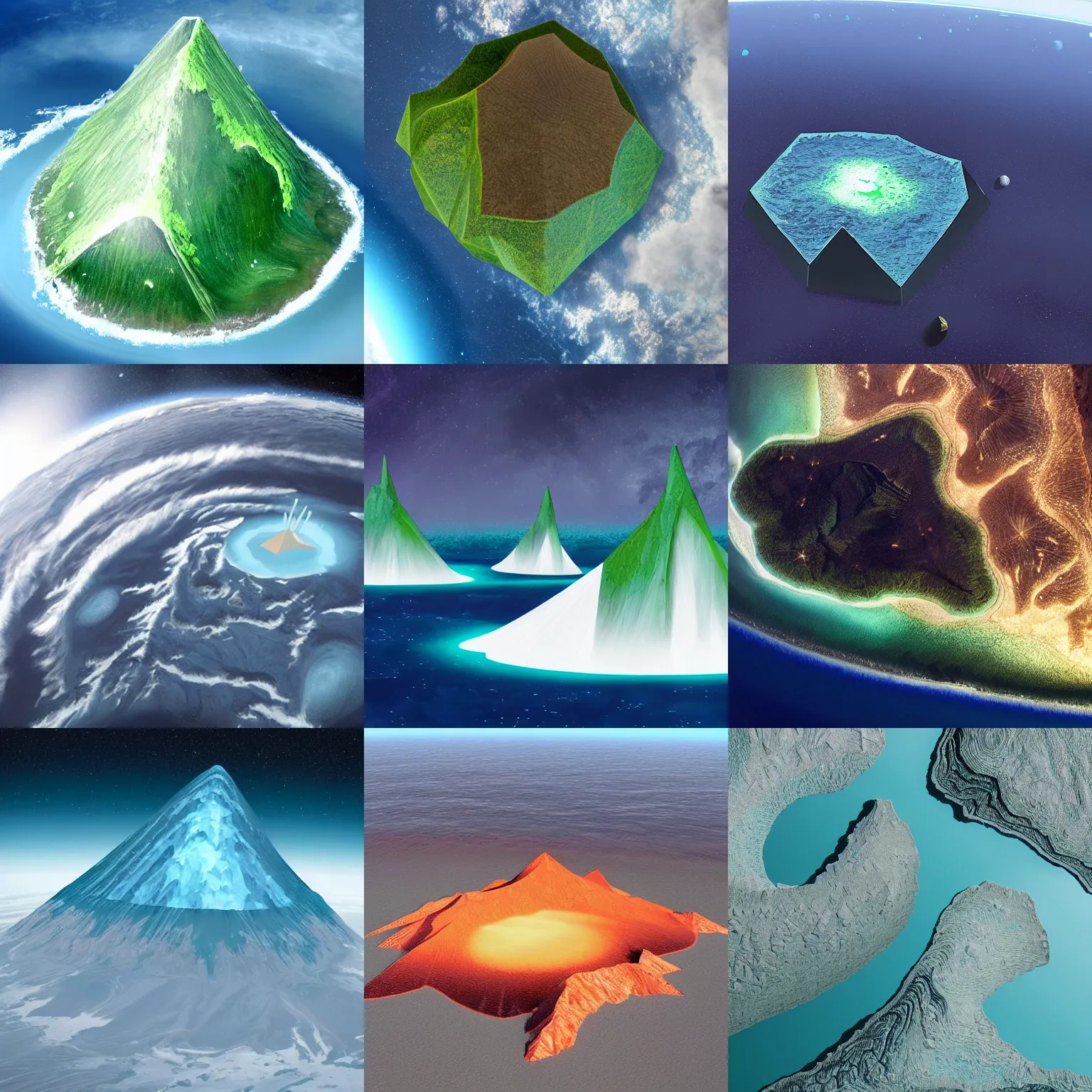 Prompt: geometric volcanoes melting into ocean forest cliffs in space