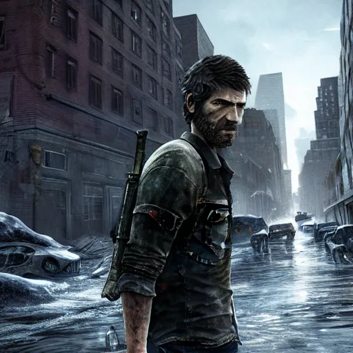 Image similar to Joel from the last of us looking down an apocalypse city