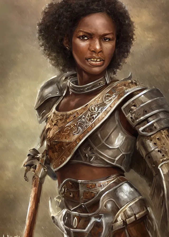 Prompt: arabella mistsplitter, solo female darkskinned angelic soldier in her fifties, long smooth brown hair, clear green eyes, african, ethiopian, short height, regular build, magnificent oval face, polished steel armor, shortsword, wooden shield a female dnd fighter's portrait, masterpiece, clear hand, realistic, by brian patterson and rhads