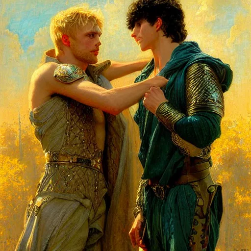 Image similar to attractive arthur pendragon with attractive male merlin the mage. they are in love. highly detailed painting by gaston bussiere, craig mullins, j. c. leyendecker