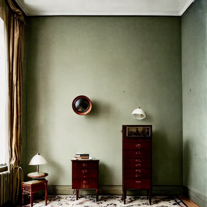 Image similar to kodak portra 4 0 0, wetplate, fisheye, award - winning portrait by britt marling, 1 9 2 0 s art deco room, ghost, picture frames, shining lamps, dust, smoke, 1 9 2 0 s art deco furniture, wallpaper, carpet, books, muted colours, wood, fog, plants, flowers