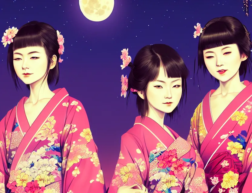 Image similar to two beautiful charming japan girls wear arty kimono in festival | | sunny night, full moon, dreamlike art, realistic shaded, smile, good looking, hyper details, 4 k realistic, cryengine, realistic shaded lighting poster by ilya kuvshinov, fuji choko, ross tran, 8 k resolution, trending on artstation, luxury