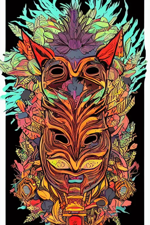 Image similar to animal mask totem roots flower tribal feather gemstone plant wood rock shaman vodoo video game vector cutout illustration vivid multicolor borderlands comics by josan gonzales and dan mumford radiating a glowing aura