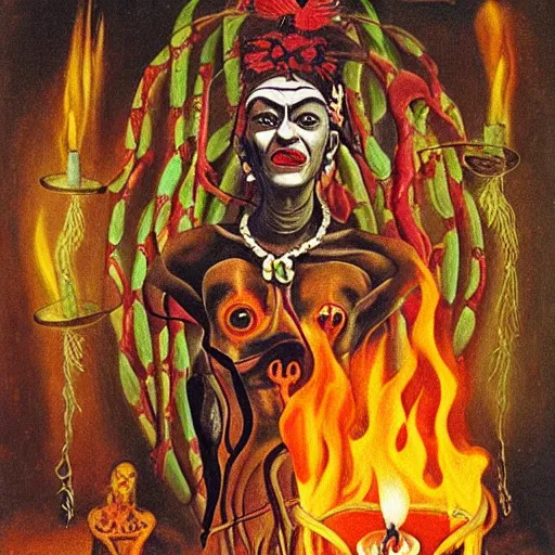 Prompt: witch doctor woman smiling in the flame of a candle, Salvador Dali, surrealism, frida kahlo, ayahuasca, psychedelics, Bosch