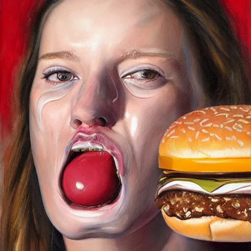 Image similar to realistic painting by jenny saville of donald trump licking a cheeseburger, art by jenny saville and tom bagshaw, detailed, sharp, smooth