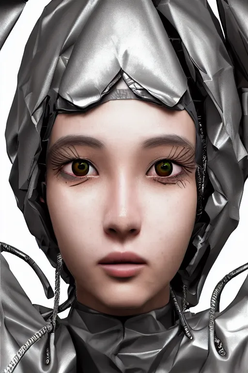 Image similar to cyborg girl kawaii wearing trash bag over her head, ultra realistic, concept art, intricate details, highly detailed, photorealistic, octane render, 8 k