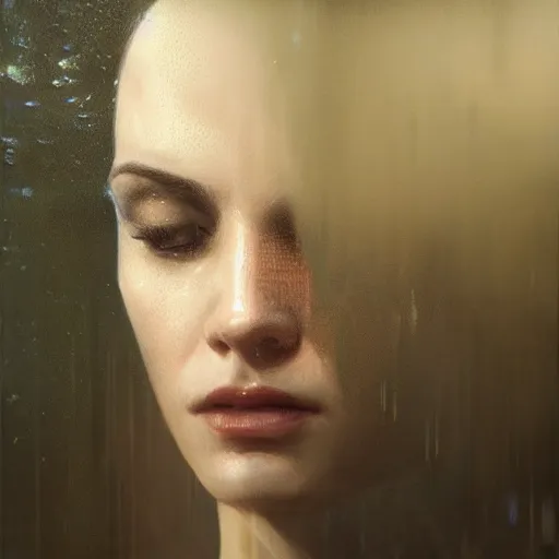 Image similar to detailed face of a woman, moment, cyberpunk cloisters, electronic billboards, tech noir, wet reflections, atmospheric, ambient, livia prima, greg rutkowski, edward hopper