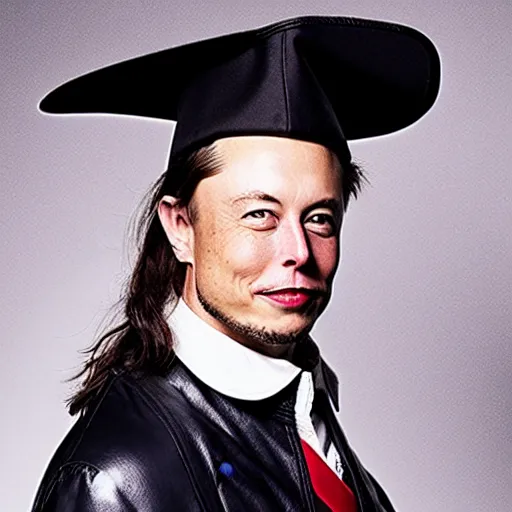 Prompt: photo of elon musk as a musketeer, he has a big black hat with a red feather and he is holding a shiny rapier sword