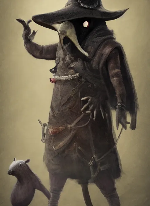 Prompt: detailed full body concept art illustration, dark soft focus, oil painting on canvas of an anthropomorphic capybara plague doctor in full intricate clothing, biomutant, dystopian, micro detail, octane render, 4K