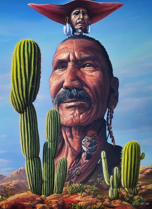 Image similar to a beautiful painting of the san pedro cactus with the face of an old indigenous man in the sky representing its spirit, fantasy art, matte painting