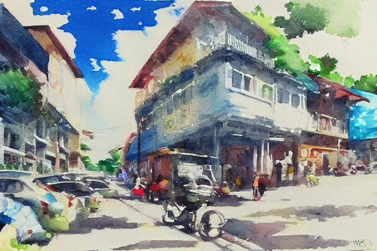 Prompt: !! watercolor!! penang road in a sunny day, artwork by tooth wu, colorful contrast,!! very coherent!!, dark shadow, thick lineart