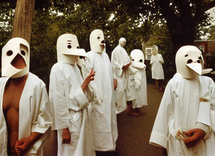 Prompt: realistic photo of the people wearing white robes in wooden birds masks made of wood 1 9 9 0, life magazine reportage photo