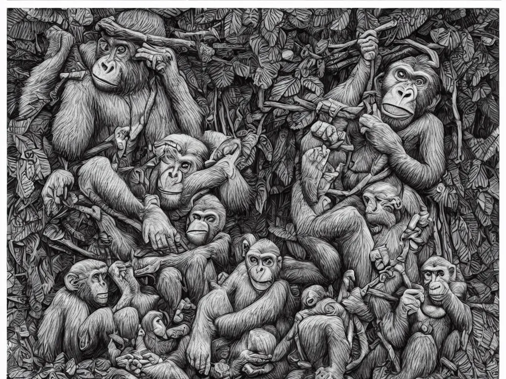 Prompt: bored ape club monkeies by Chor Boogie, intricate details, ultra detailed, 4K, award-winning, touch of M. C. Escher and Salvador Dali