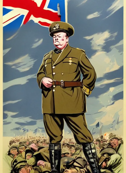 Image similar to winston churchill captain england 🦸 standing on a pile of defeated, beaten and broken german soldiers. captain england wins wwii. brittish wwii propaganda poster by james gurney and pixar. overwatch.