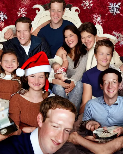 Image similar to postcard showing 'zuckerberg's christmas family pictures' laying on coffee table, zoomed out, HD, iphone capture