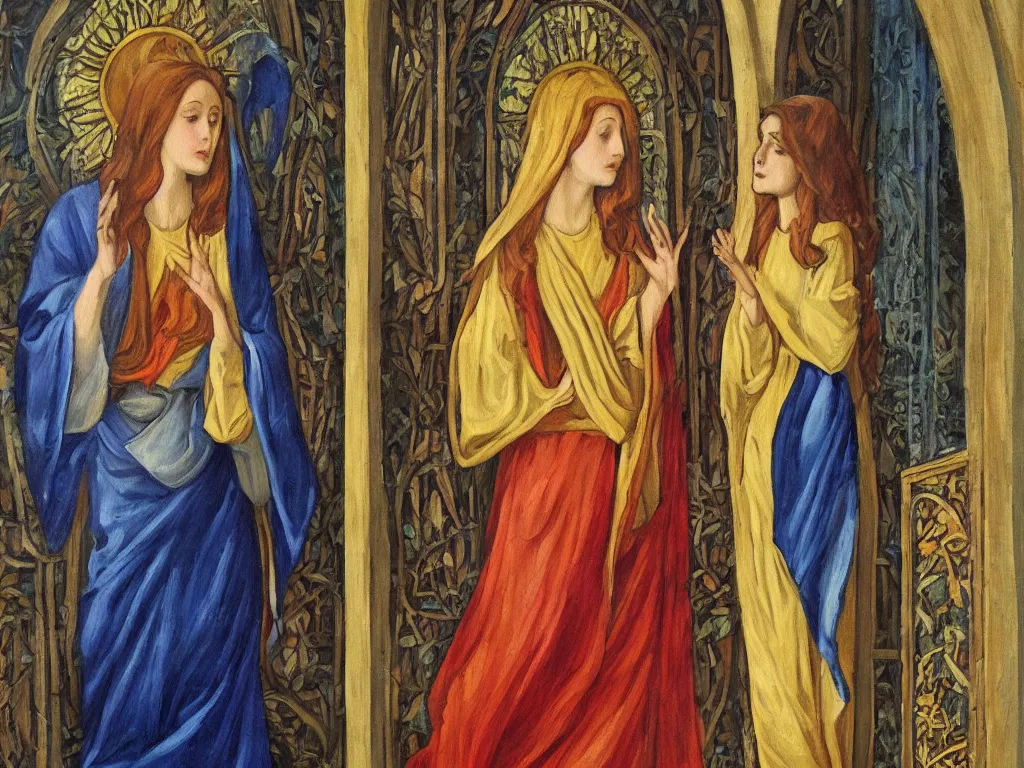 Image similar to oil painting of the annunciation in an art nouveau style