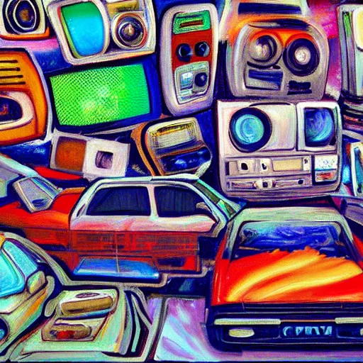 Image similar to array of crt televisions made out of cars, tv static, blob, technology, antenna, stacked, junkyard, polaroid, steroids, adult video store, impressionist painting, painting, acrylic painting, cell shaded