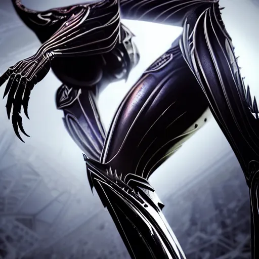 Prompt: worm's eye view from the floor, looking up, at a highly detailed 300 foot tall beautiful majestic stunning female warframe, posing elegantly over you, two massive detailed legs towering over you, matte black armor and silver accents, sleek glowing armor, sharp detailed claws, hip and leg shot, front upward shot, high quality fanart, epic shot, highly detailed art, realistic, professional digital art, high end digital art, captura, furry art, anthro art, DeviantArt, artstation, Furaffinity, 8k HD render, epic lighting
