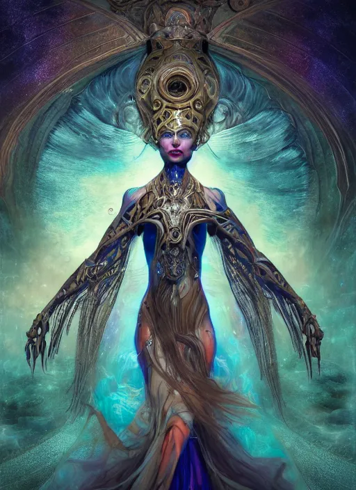 Image similar to epic portrait of menacing and agitated yet stunningly beautiful biomechanical djinn priestess of creation overseeing the iridescent fabric of the universe, by charlie bowater, mandy jurgens, gustav klimt, octane render, dramatic camera angle, 4k, 8k, high detail, HDR, by tom bagshaw, powerful, with inspiration from Beksinski, inspired by greek goddess Athena