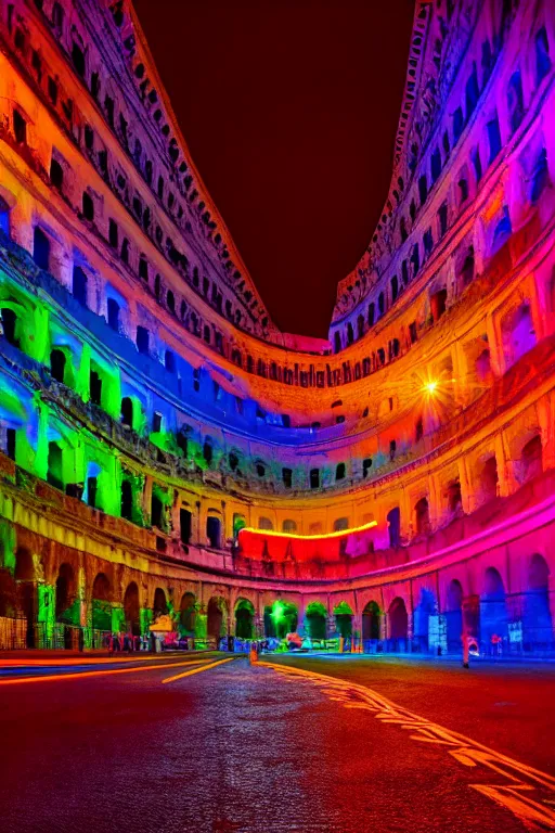 Image similar to neon streets of rome colosseum, 4 k, award winning photo