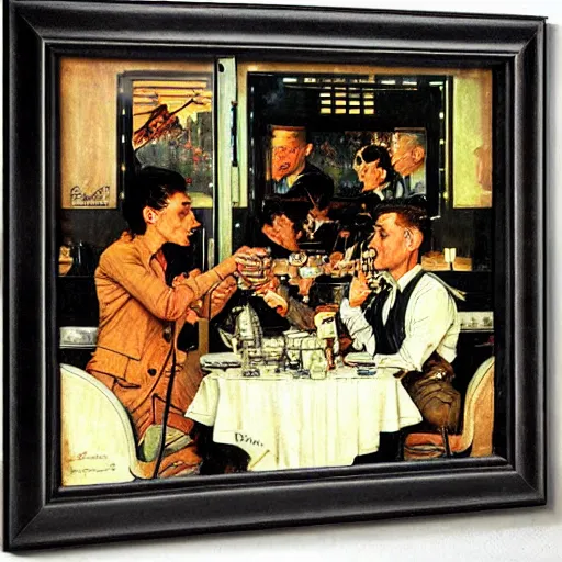 Image similar to aliens having a cup of coffee on at cafe in paris by norman rockwell