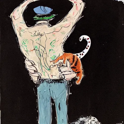 Image similar to a detailed painting of a man with a cat on his back by gerald scarfe and ralph steadman