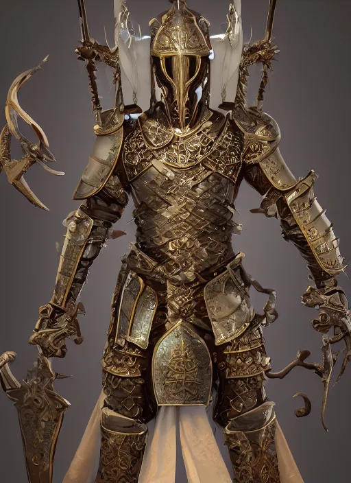 Image similar to front view, a medieval eldritch knight ornate armor made of carved wood and ivory, jeweled with strips of gold, intricate, design by feng zhu and craig mullins, peter mohrbacher, zhelong xu, ultra realistic, simple background, 8 k, octane render, unreal 5