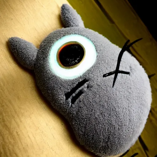 Prompt: terrifying totoro with glowing eyes