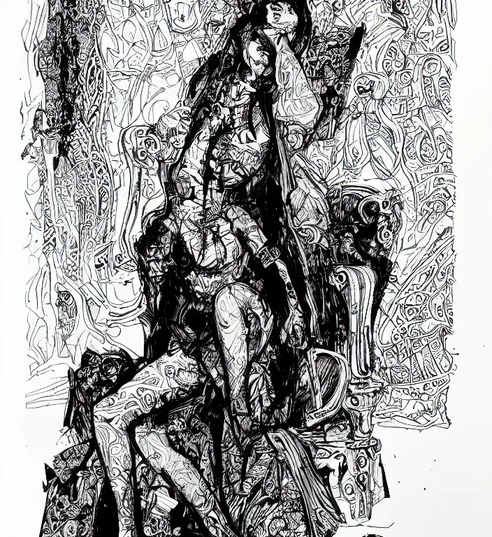 Image similar to salome full figure sitting on throne sketchbook ink drawing by james jean very detailed high contrast