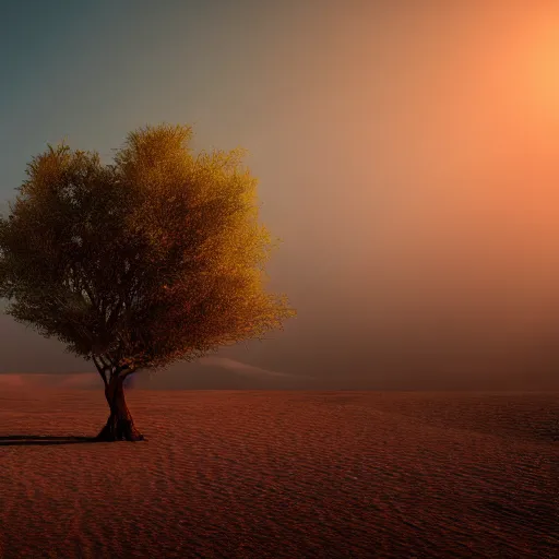 Prompt: a tree alone in the desert at sunset near buried ruins of an ancient lost civilization, shadows, rippling reflections, steam, epic composition, intricate, elegant, volumetric lighting, digital painting, highly detailed, artstation, sharp focus