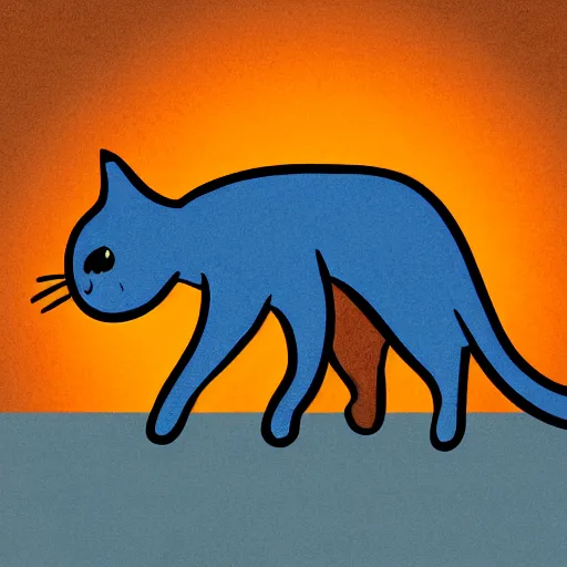 Prompt: illustration of a cat with a black spot on her trunk in an old house with a window next to the blue sky , trending on artstation, trending on deviantart, backlight, orange light, blue shadows, pink reflections