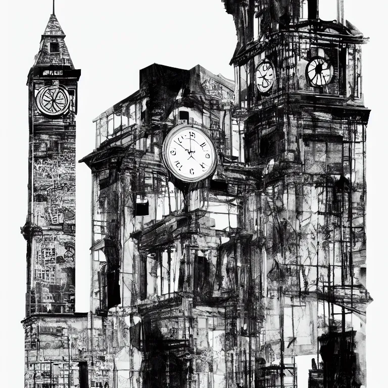 Image similar to a black and white drawing of a clock tower, a screenprint by robert rauschenberg, behance contest winner, deconstructivism, da vinci, constructivism, greeble