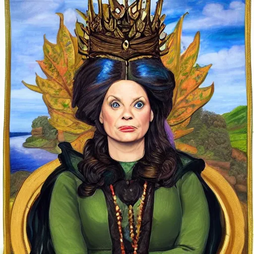 Image similar to leslie knope as a fantasy queen, preraphaelite painting