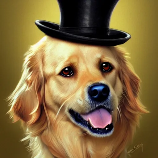 Prompt: close portrait of golden retriever dog, wearing a top hat, wearing a monocle over one eye, smiling, vaporwave, highly detailed, digital painting, artstation, concept art, smooth, sharp focus, illustration, art by artgerm and greg rutkowski and alphonse mucha