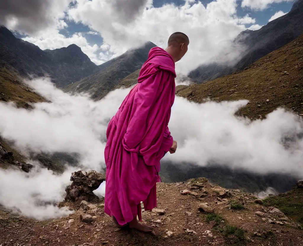 Image similar to a pink monk wandering trough the mountains looking at the clouds very detailed focused photography cinematic lighting by martin parr