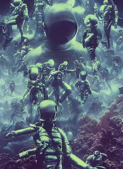 Image similar to astronauts in the dark infinite underwater void - complex and hyperdetailed technical suit, fabric material. reflection and dispersion materials. rays and dispersion of light. volumetric light. wide angle, f / 3 2. noise film photo. flash photography. ultra realistic, wide angle. poster by wayne barlowe, hajime sorayama aaron horkey, craig mullins