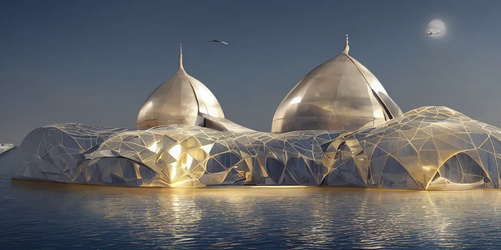 Image similar to mosque floating spaceship by zaha hadid, gold dome fantasy world