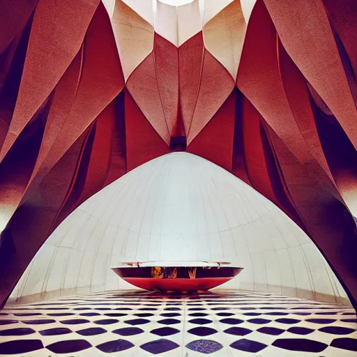 Image similar to interior of a futuristic lotus temple with gold, red and white marble panels, in the desert, by buckminster fuller and syd mead, intricate contemporary architecture, photo journalism, photography, cinematic, national geographic photoshoot