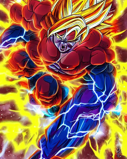 Image similar to detailed intense colorful illustration scene of brute super goku powering up turning into a super saiyan by dominic glover