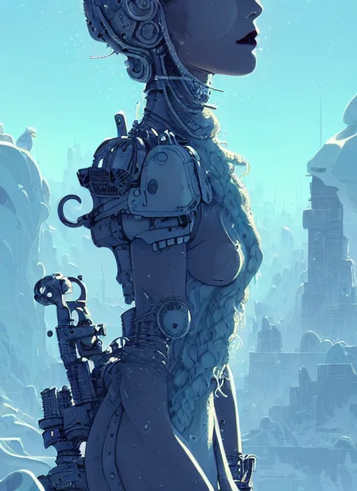 Image similar to highly detailed portrait of wasteland punk long curly white icey shard hair tribal lady, stray wiring by atey ghailan, james gilleard, by joe fenton, by greg rutkowski, by greg tocchini, by kaethe butcher, 4 k resolution, gradient blue, cyan, black and white color scheme!!! ( ( snowy glaciated robotic dystopian city background ) )