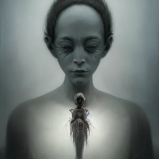 Image similar to dramatic matte portrait painting of woman with black mandelbrot fractal instead of face, in style of zdzisław beksinski, horror, body horror, dark, disturbing, extremely detailed,