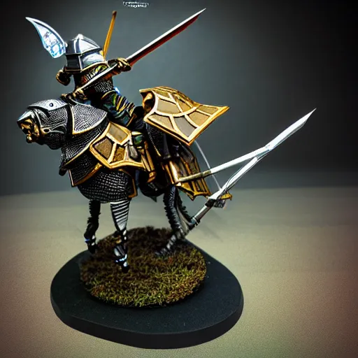 Image similar to A cyber knight riding on a giant beetle, highly detailed, fantasy, painted wargaming miniature, product photo studio lighting