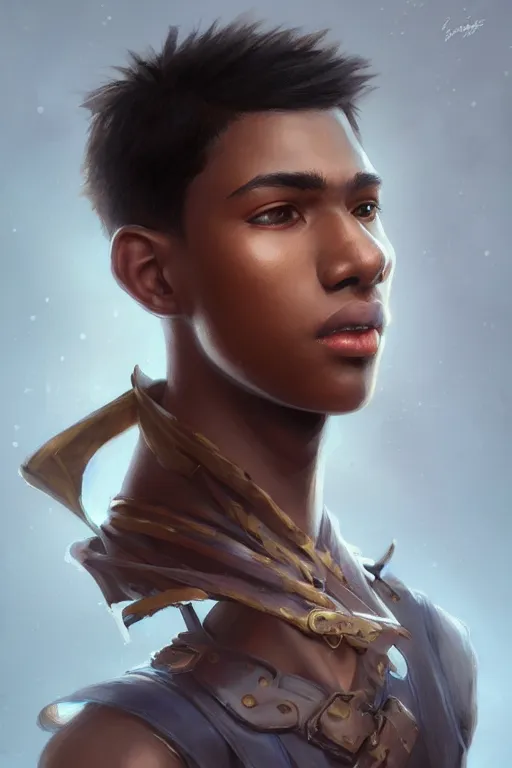 Image similar to young teenager boy with straight short brown hair, dark skin, big lips. highly detailed, d & d, fantasy, highly detailed, digital painting, trending on artstation, concept art, sharp focus, illustration, art by artgerm and greg rutkowski and fuji choko and viktoria gavrilenko and hoang lap