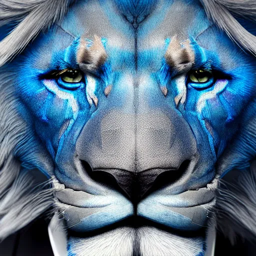 Image similar to a studio photograph of a blue lion wearing a tuxedo suit,professional photography,studio lighting,studio photo,professional lighting,3 point lighting,dramatic,4k,detailed face,hyperdetailed,photorealistic,digital art,ultra realistic,ultra detailed,art by greg rutkowski