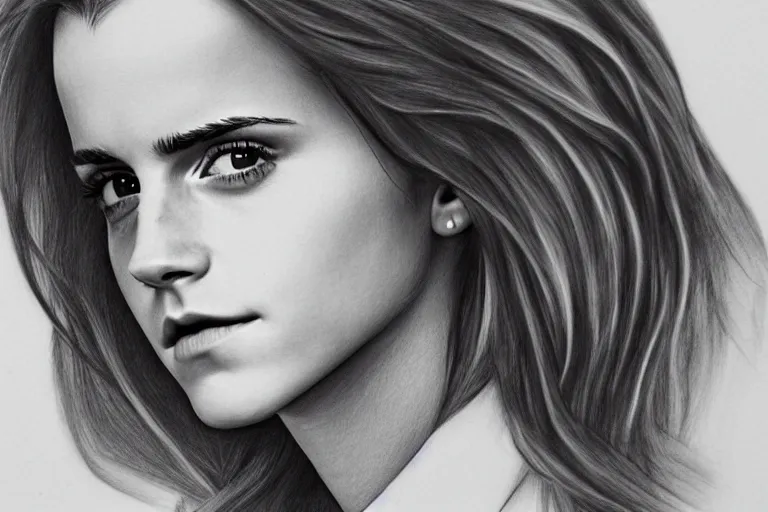 Image similar to emma watson, pencil, art, ultra realistic!!!, clear weather, golden hour, sharp focus