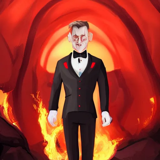 Image similar to a male red Devil wear a tuxedo in hell,Landscape, fire ,environment, Artstation
