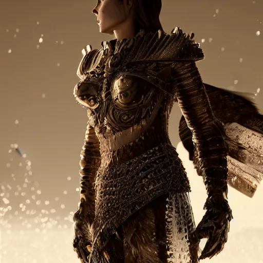 Prompt: a regal brown woman wearing an intricate and detailed armor made of ice. ice caves. glaciers. dramatic shadows. reflections. volumetric lighting. textures. delicate. translucent. studio portrait. photorealistic. octane render