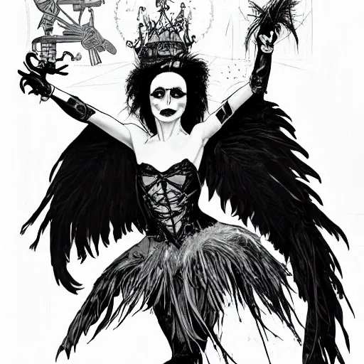 Image similar to Anna Pavlova as dark angel feathered gothic atompunk evil Disney villain queen with black feather hair, feathers growing out of skin, in front of space station window, Mike mignola, david mack, highly detailed, trending on artstation, comic book cover, illustration