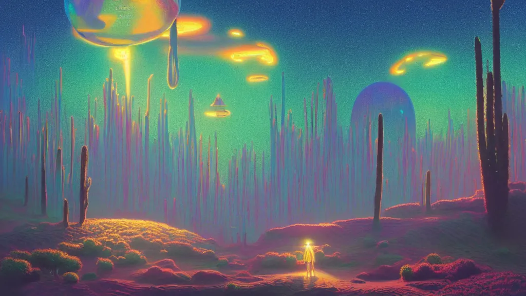 Prompt: highly detailed holographic iridescent sci fi world with forests deserts and oceans, at dusk, by gilbert williams, by simon stalenhag, by beeple, by bruce pennington, by moebius, featured in juxtapoz, mixed media, dynamic composition, octane render, with many different pastel shades of blue pink orange yellow green, beautiful lighting, desaturated